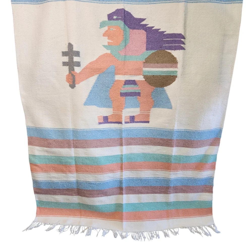 Vintage Pastel Striped Aztec Warrior Blanket Rug Wool Mexican Throw Saddle Boho